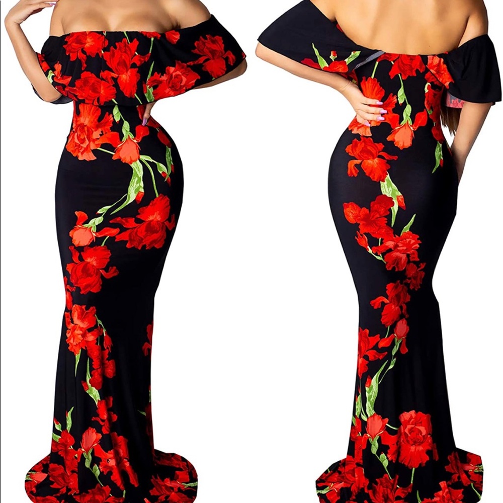 Red & black floral gown sexy off shoulder plus size 2xl